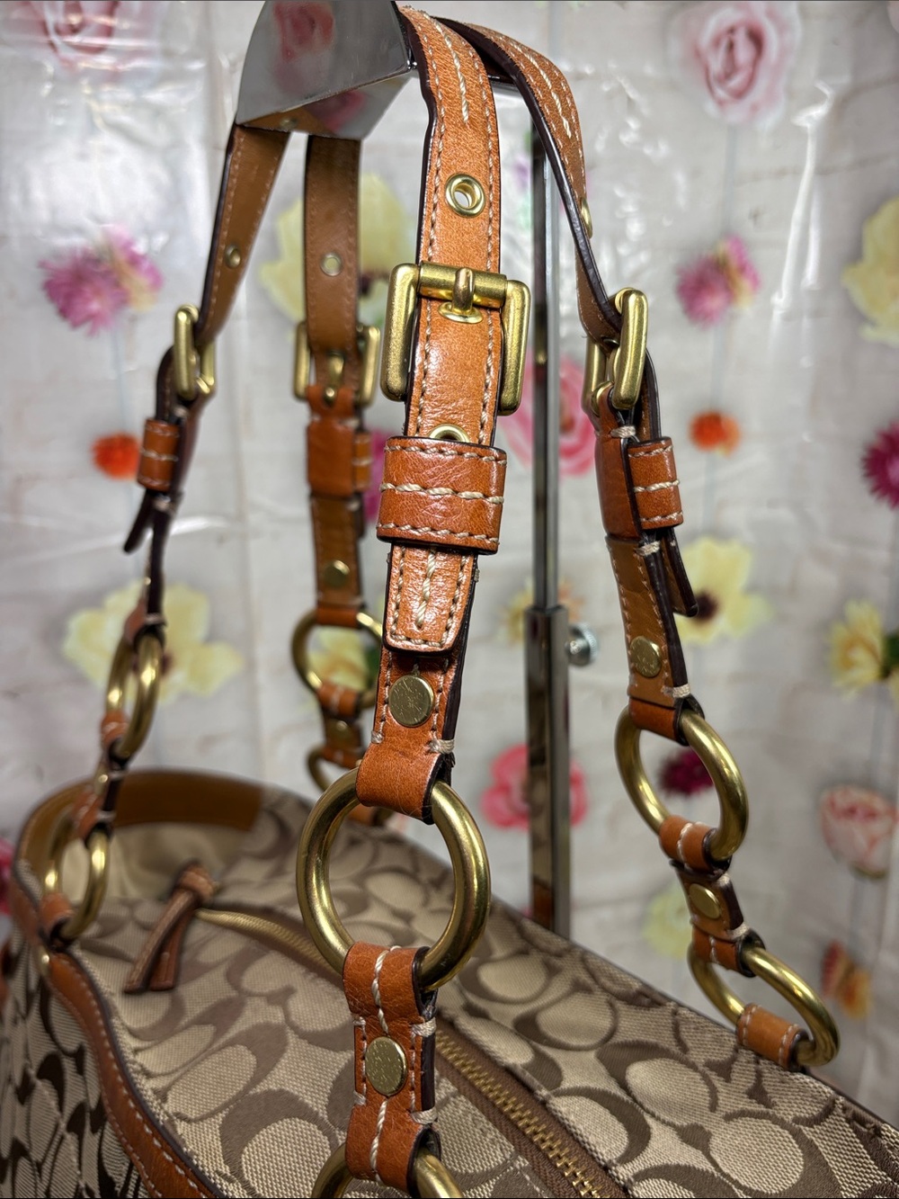 2007 Coach Brass Turnlock Buckle Straps Signature Canvas Camel Leather 15x11x4 - Picture 8 of 15